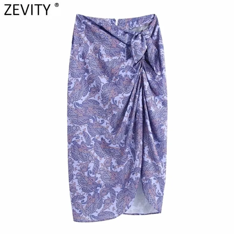 Zevity Women Vintage Cashew Nuts Print Hem Irregular Sarong Skirt Faldas Mujer Female Bowknot Back Zipper Casual QUN800 210619