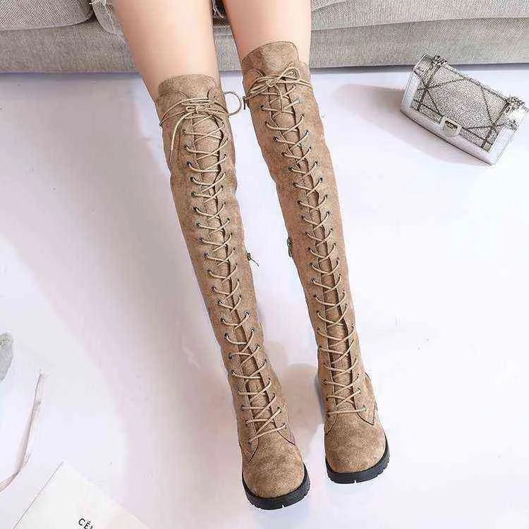 Plus Size Lace Up Over The Knee Suede Knee High Boots With Thigh