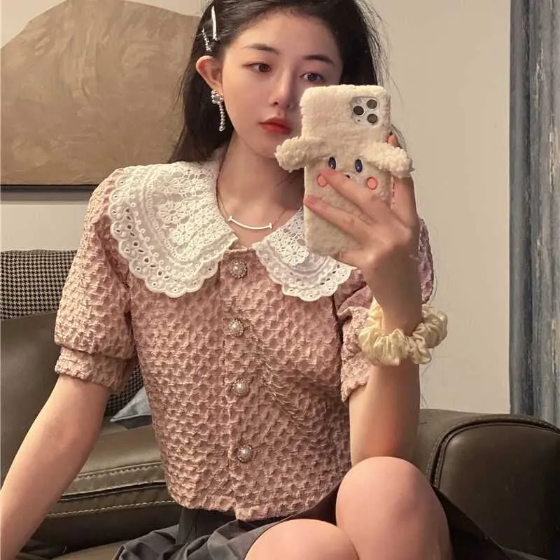 Sweet Pink Puff Short Sleeve Peter Pan Collar Patchwork Lace T Shirts Kvinnor Kort sommar Single-breasted Blouse Fashion Tops Chic 210610