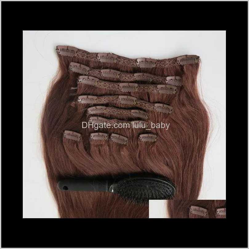 220g 20 22inch clip in human hair extensions brazilian hair 33# color remy straight hair weaves 10pcs/set comb
