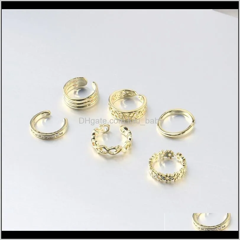 6pcs gold plated color protection foot index finger tail ring opening adjustable ring set