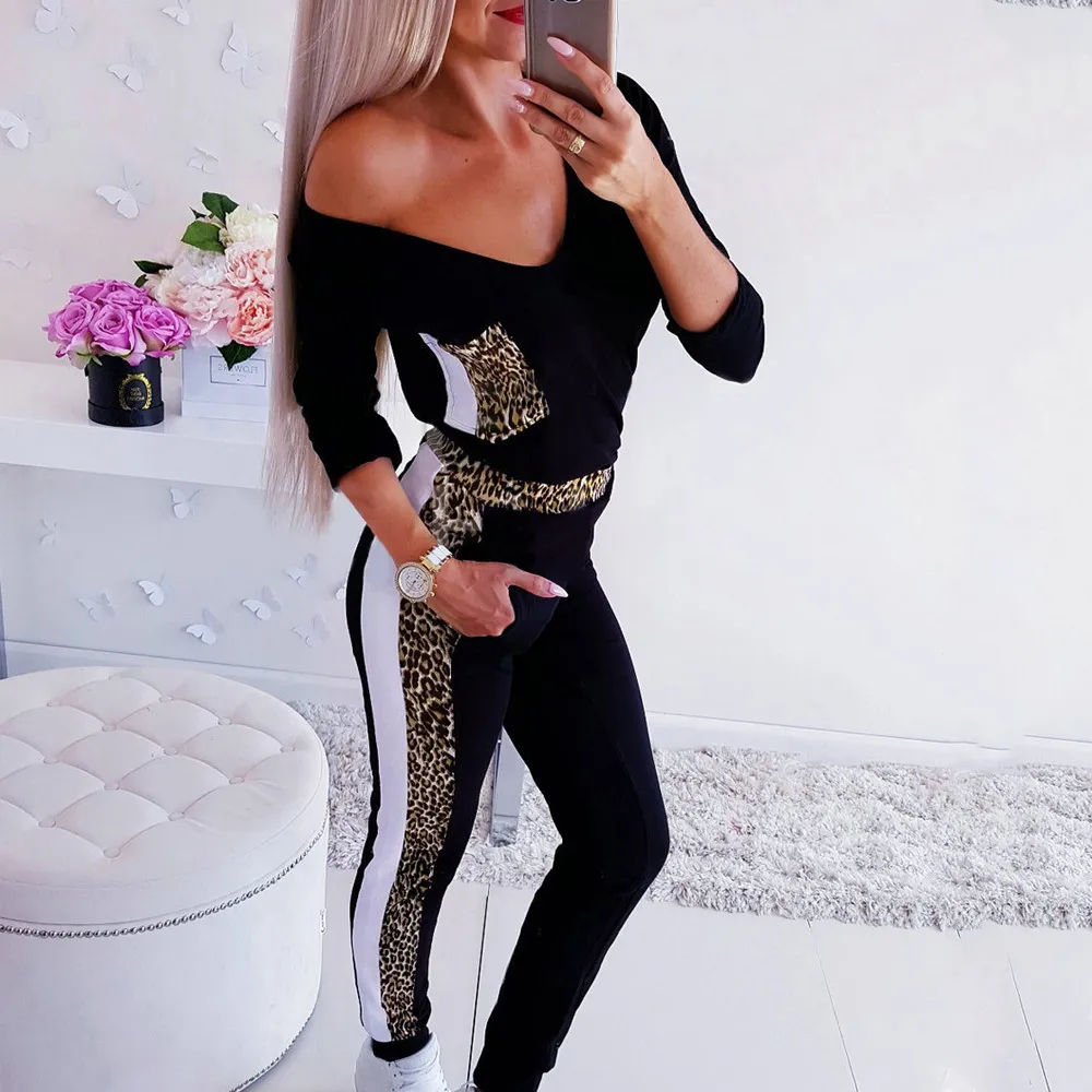 Pocket Leopard Casual Jumpsuits Woman Patchwork Long Sleeve Streetwear Autumn Black Slim Jumpsuits Deep V Neck Women 's Overalls 210507