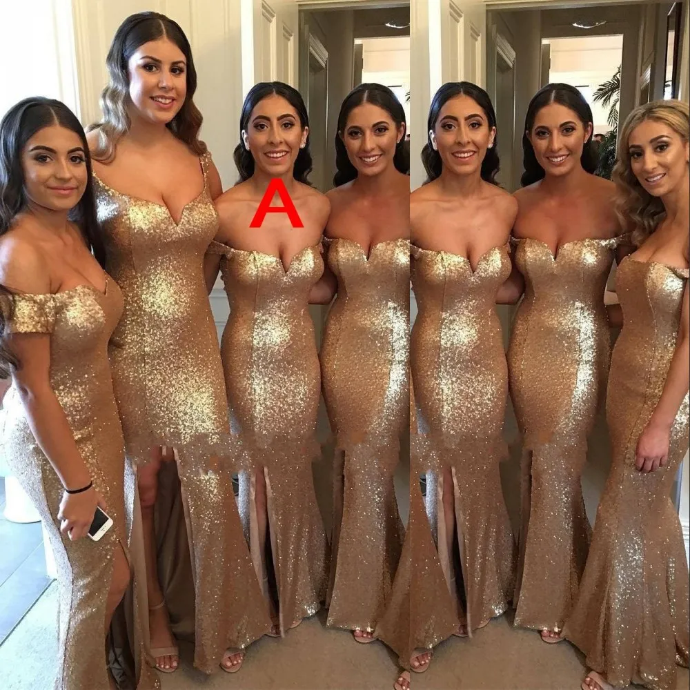 2021 Sparkly Gold Lovertjes Bruidsmeisje Jurken Bruiloft Gastjurk Mermaid Off Shoulder Pailletten Side Split Long Maid of Honor