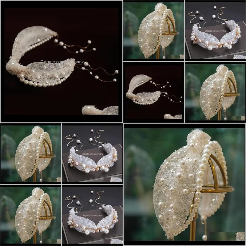 bridal hair jewelry pearls lace headpieces crown gold headbands tiaras for bride women headdress party wedding accessories