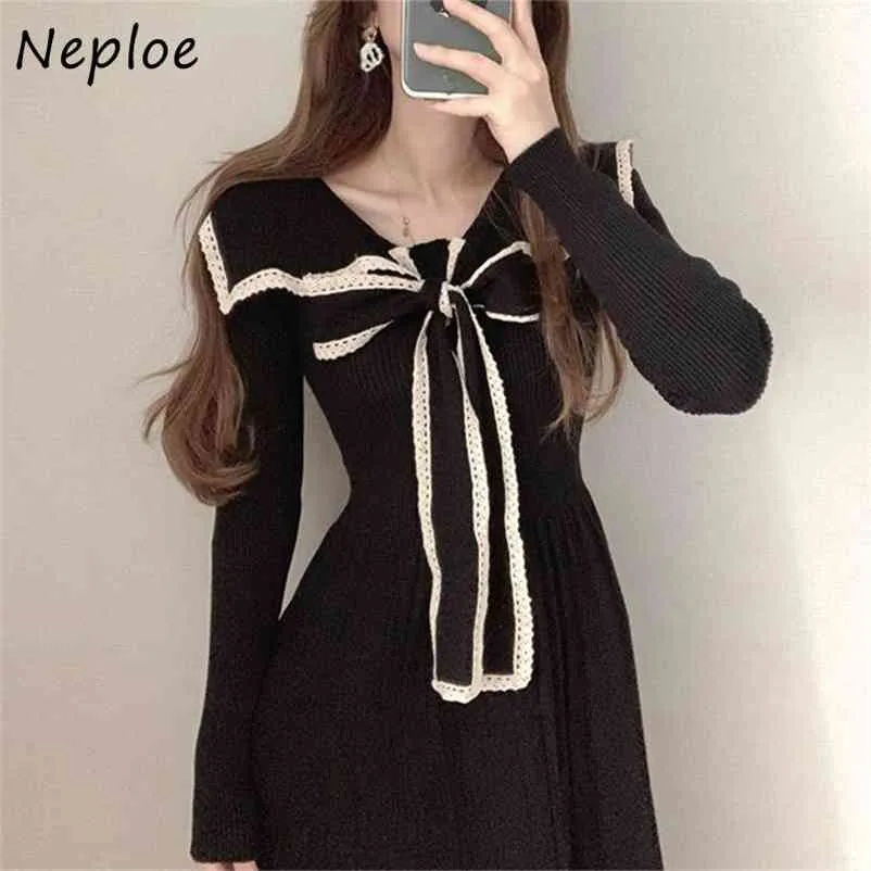 Chic Sailor Collar Knitted Women Dress Lace Patchwork Bow Drawstring Pleated Dresses Sweet Elegant High Waist Vestidos 210422