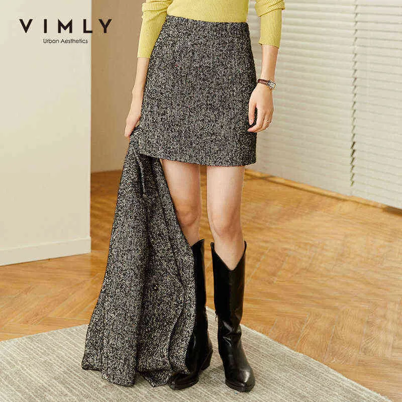 Vimly Winter Skirt For Women Fashion High Waist Zipper A Line Mini Skirts Office Lady Elegant Femme Jupes Autumn Bottoms F3920 211120