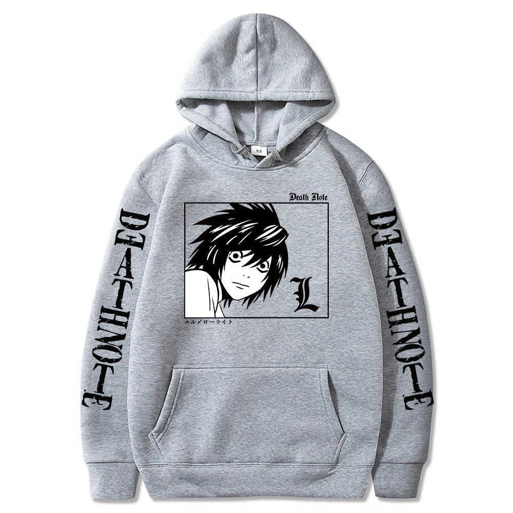 Janpanese Death Note Printed Hoodies Harajuku Hip Hop Streetwear Men Women Anime Lawliet L Hooded Sweatshirt Pullover Hoodie Top Y0803