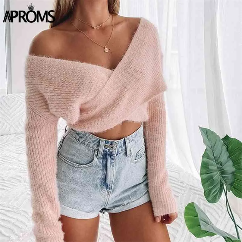 Aprozs Pink Fluffy Sweter Dzianiny Kobiety Jesień Zima Neck Wrap Front Basic Cropped Pullovers Fashion Odzież wierzchnia Jumper 210805