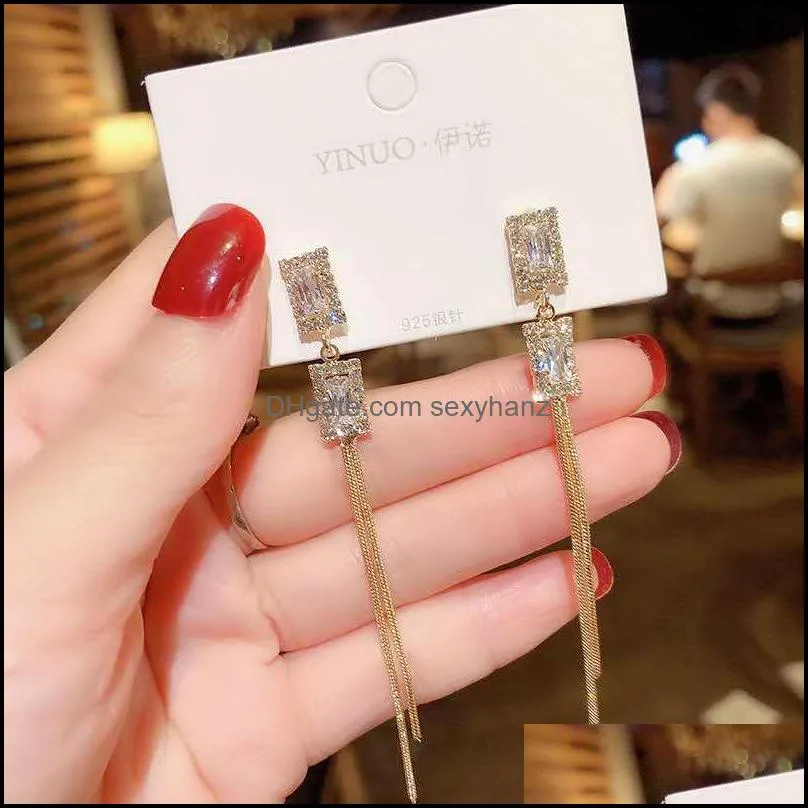 S2045 Fashion Jewelry S925 Silver Post Dangle Earring Square Rhinstone Tassels Stud Earrings