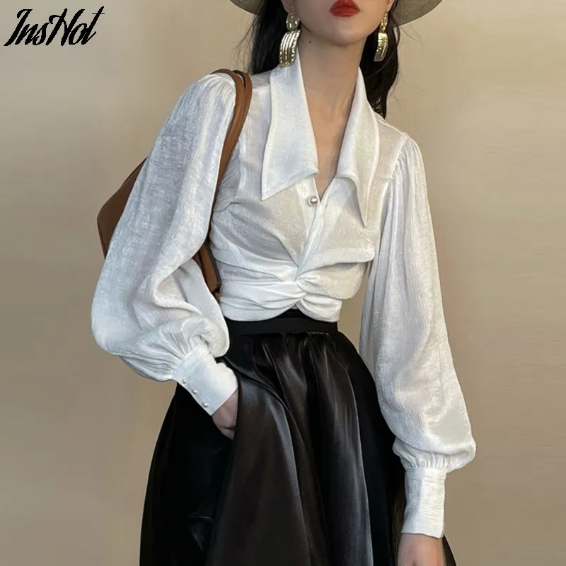 Biuro Lady Eleganckie koszule Chic Turn-Down Collar Kobiety Bluzka Vintage Rękaw Puff Criss-Cross Solid Crop Tops Blusas 210514