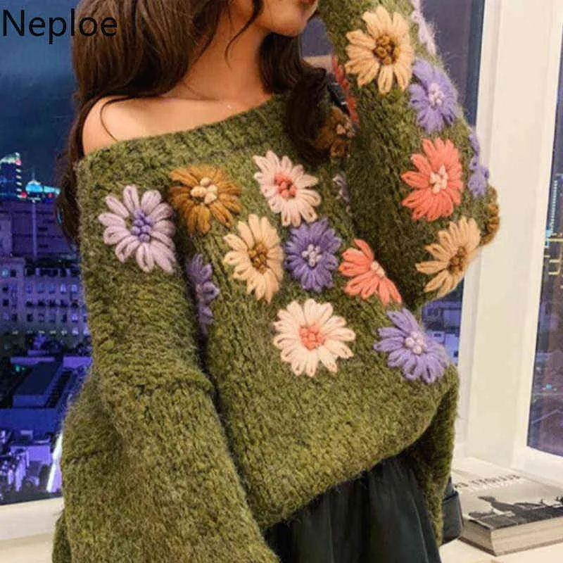 Neploe tjock varmt tungt arbete tredimensionell blomma tröja o nacke pullover patch stickas super mujer höst vinter pull femme y1110