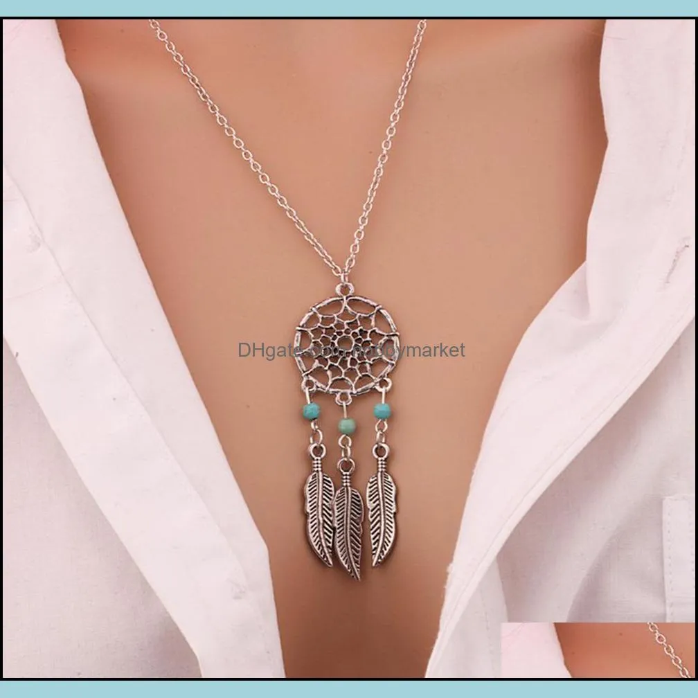 New Fashion Dreamcatcher Pendant Mandala Lotus Necklace Tassel Feather Long Sweater Chain Charm Jewelry Dream Catcher Necklace