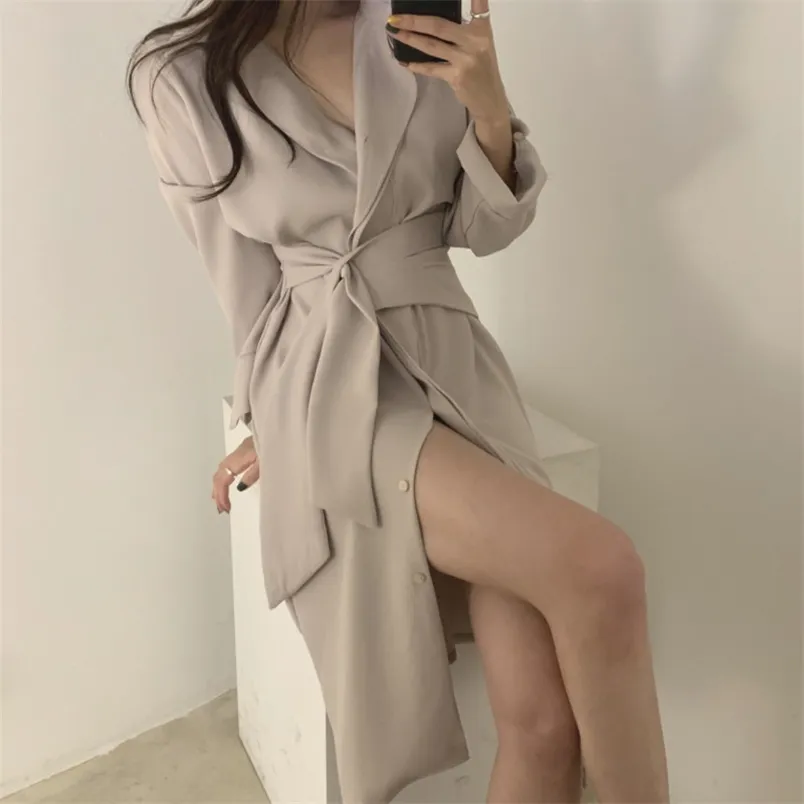 Coréen bureau dame Robe Robe Ete Femme automne français élégant taille Bandage longues femmes vêtements de travail Vestidos Jurken 210514
