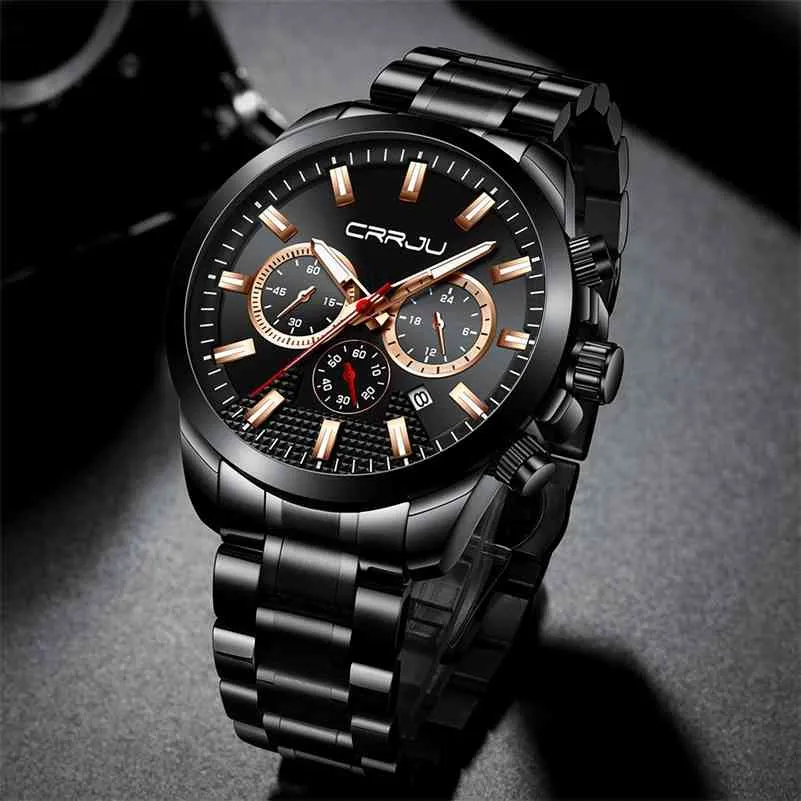 Crrju Men Se lyx Multifunktion Chronograph 24 timmar Display Armbandsur Casual Vattentät Kalender Full Steel Watch 210517