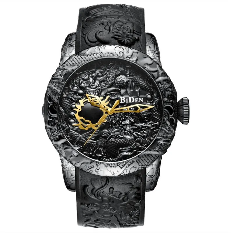 Armbandsur kreativ 3d skulptur drake män titta laser gravera carving guld svart läder band reloj negro hombrre male armbandsur