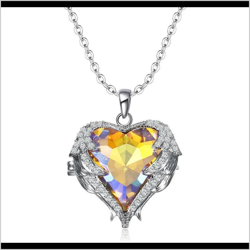 silver bottom diamond three color straight jewelry temperament angel heart shaped pendant necklace