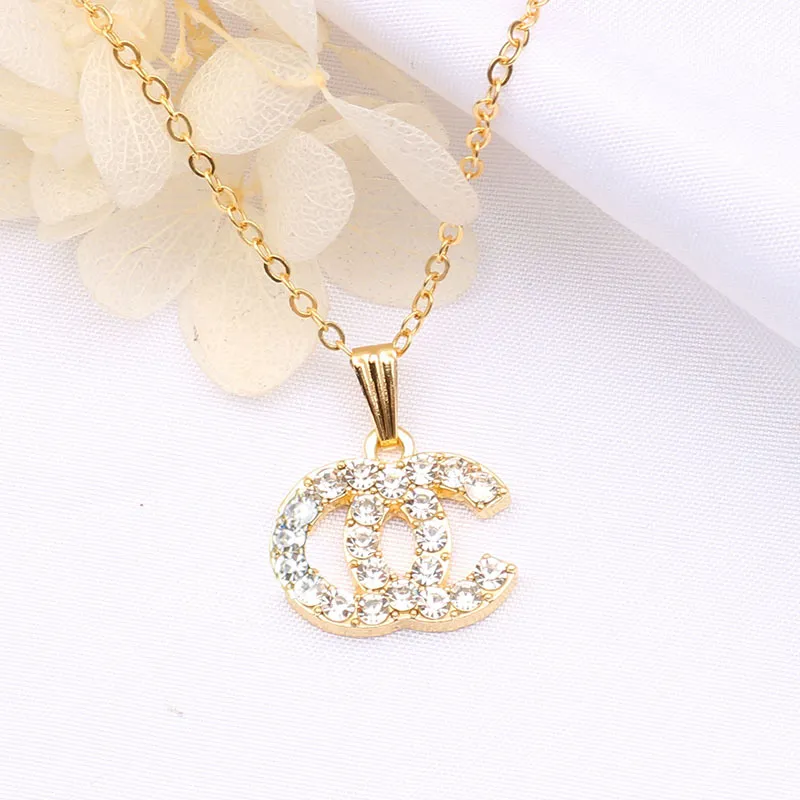 Simple Designer Brand Double Letter Pendant Necklaces Chain Gold Plated Crysatl Rhinestone Sweater Newklace for Women Wedding Jewerlry