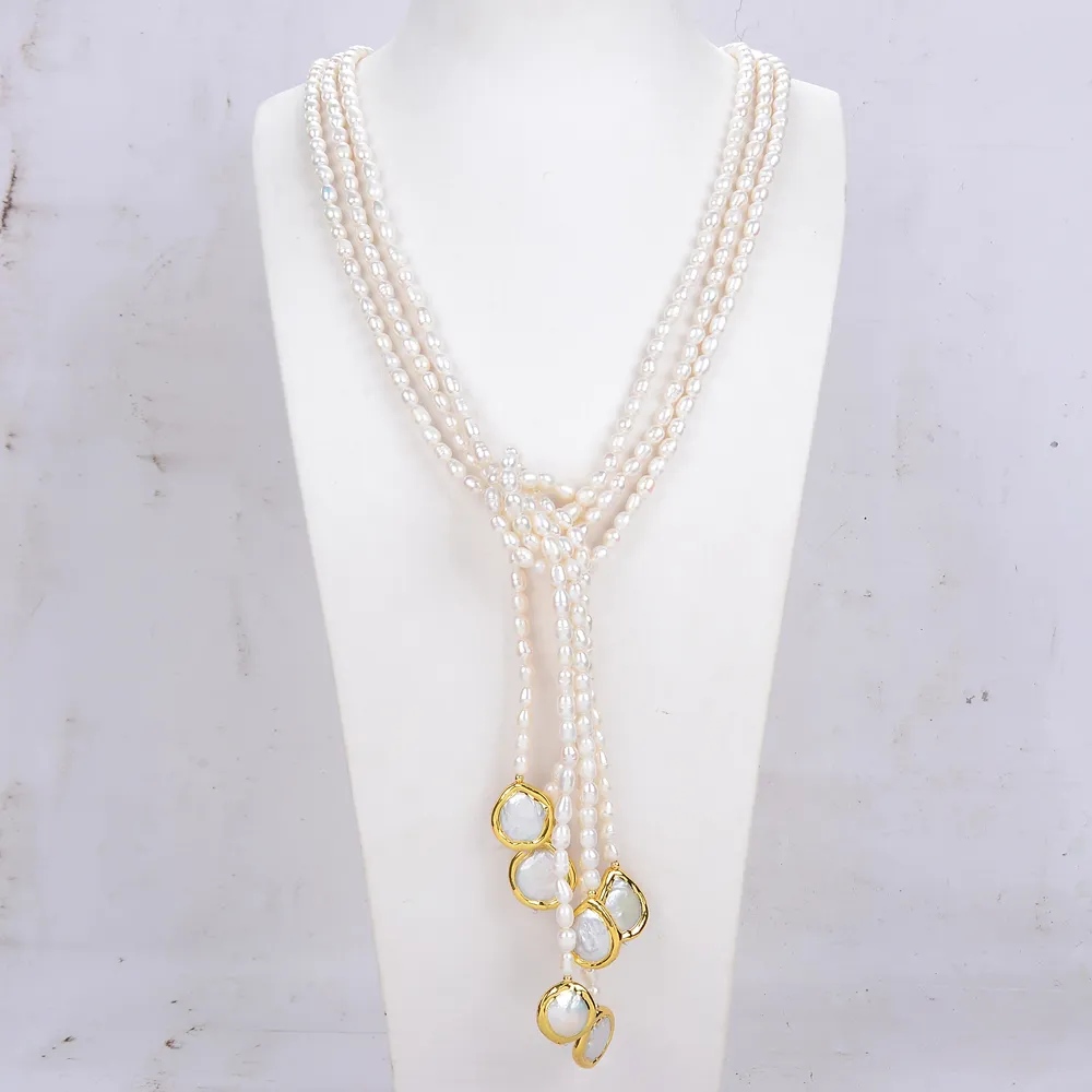 Guaiguai smycken 3 strängar naturliga odlade vita rispärla pärlor långa tröja kedja halsband handgjorda för kvinnor riktiga jems5922549