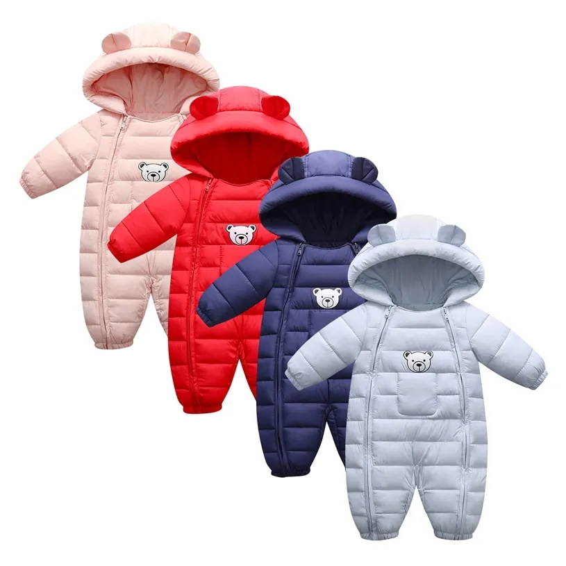 두꺼운 따뜻한 방풍 코트 유아 아기 소녀 소년 후드가 야외 Romper Jumpsuit 재킷 Snowsuit 의류 211229
