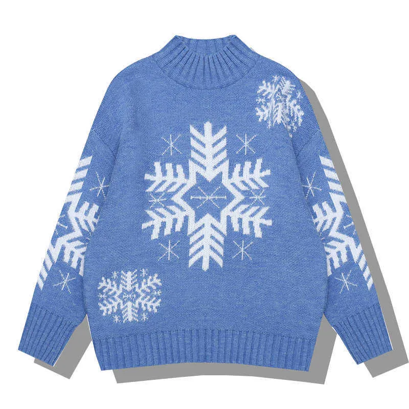 PERHAPS U Women Long Sweater Knitted Pullovers Long Sleeve Blue Pink Red Loose Winter Snowflake Christmas Style M0105 210529