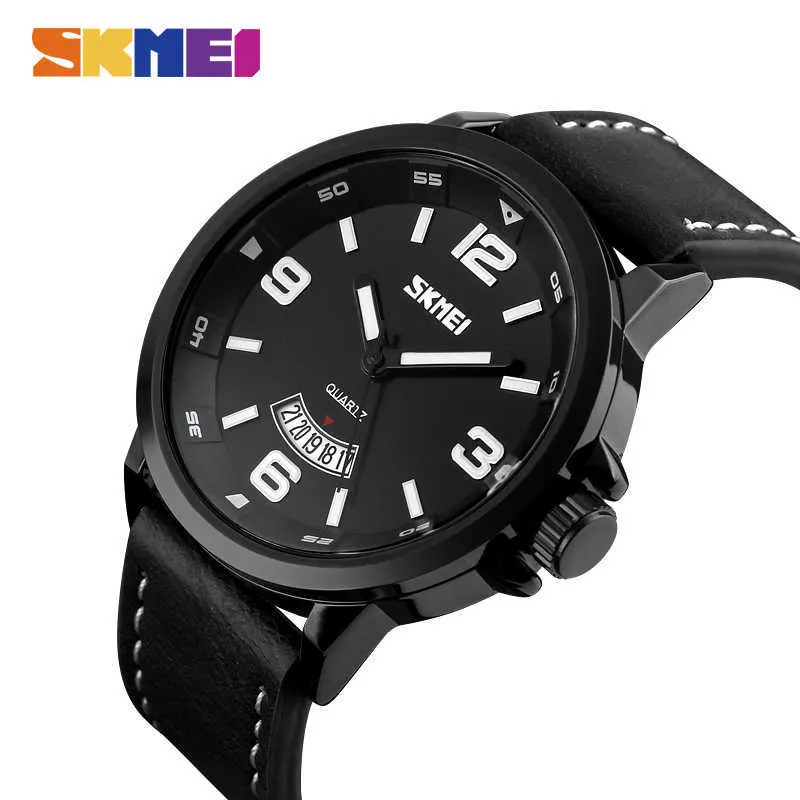 SKMEI Fashion Mens Orologi Top Brand Luxury Watch Cinturino in pelle da uomo 3Bar Orologi da polso al quarzo impermeabili relogio masculino 9115 X0625