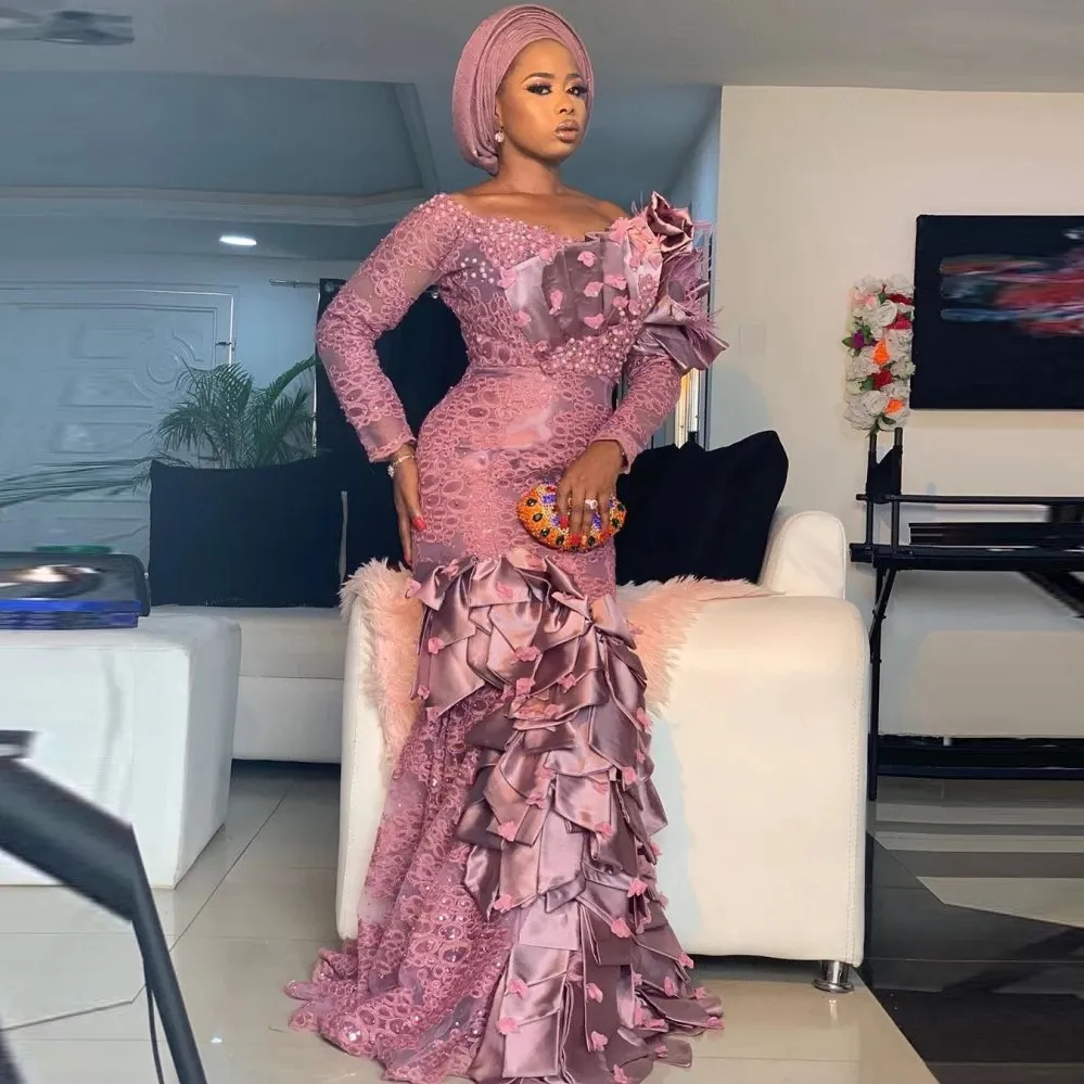 ASO EBI حورية البحر فساتين السهرة طويلة الأكمام المتدرج الطيات الدانتيل الخرز الترتر زائد حجم حفلة موسيقية اللباس 2021pageant حزب العباءات للعربية دبي المرأة