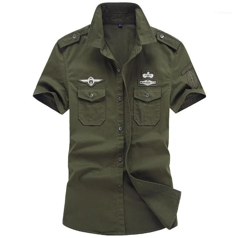 Men's Casual Shirts Shirt Army Style Mens Tactical Short Sleeve Collar American Uniform Clothing Green Male1