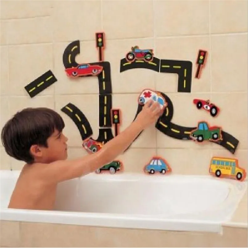 Façon de jouer flexible Road Track Car Stick Bath Toy Enfants Salle de bain Baignoire Soft EVA Pâte Early Education DIY Autocollant Puzzles Jouets 210712