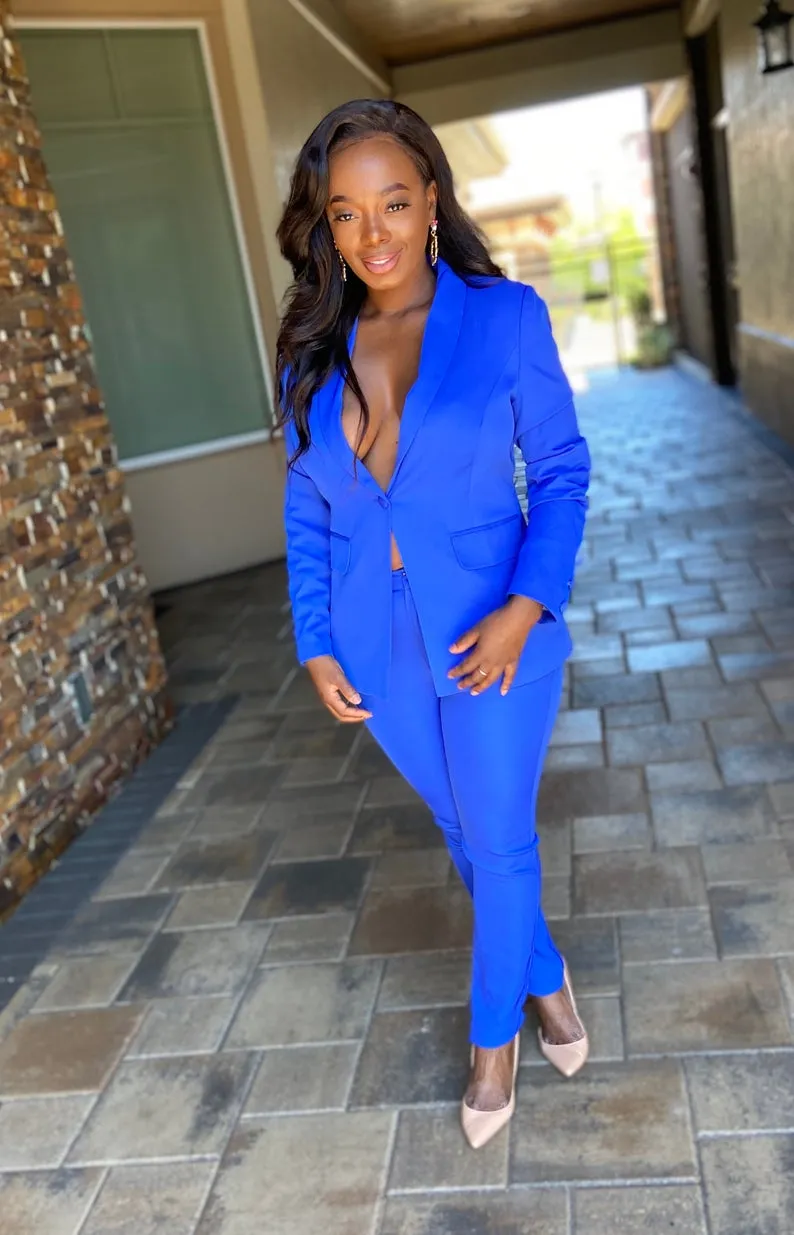 Royal Blue Slim Fit Blazer Suit For Women Sexy V Neck Formal