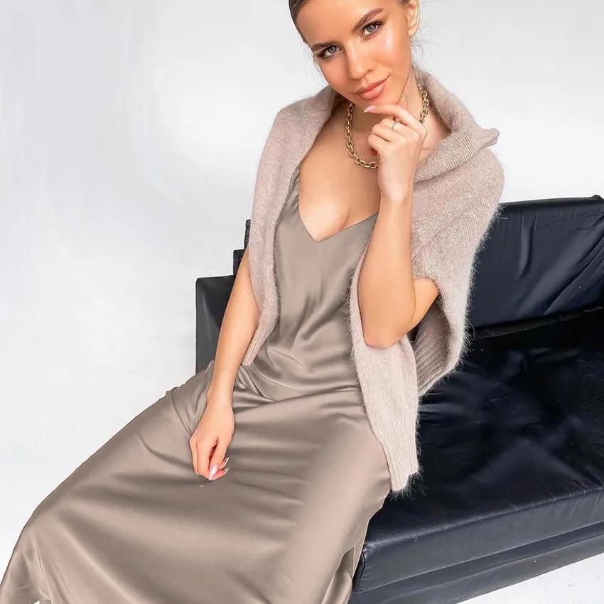 Summer Sexy Satin Dress Women Spaghetti Strap Deep V-Neck Split Party Long Dresses Elegant Solid Bodycon Ladies Vestidos 210521