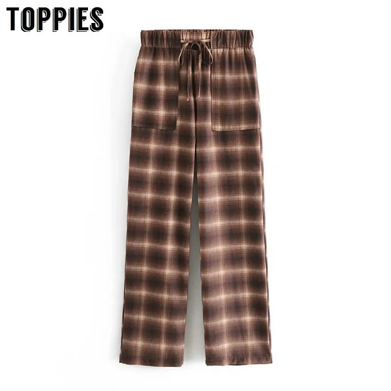 Toppies Brown Plaid Casual Hosen Soft Pantalon Mujer Frauen Hosen 210412