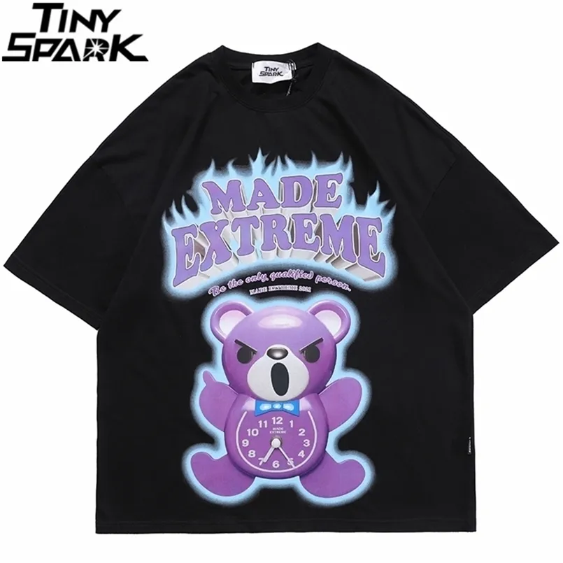 T-shirt oversize da uomo Hip Hop T-shirt streetwear con orso Orologio con stampa di lettere T-shirt manica corta estiva in cotone allentato Harajuku nera 210716