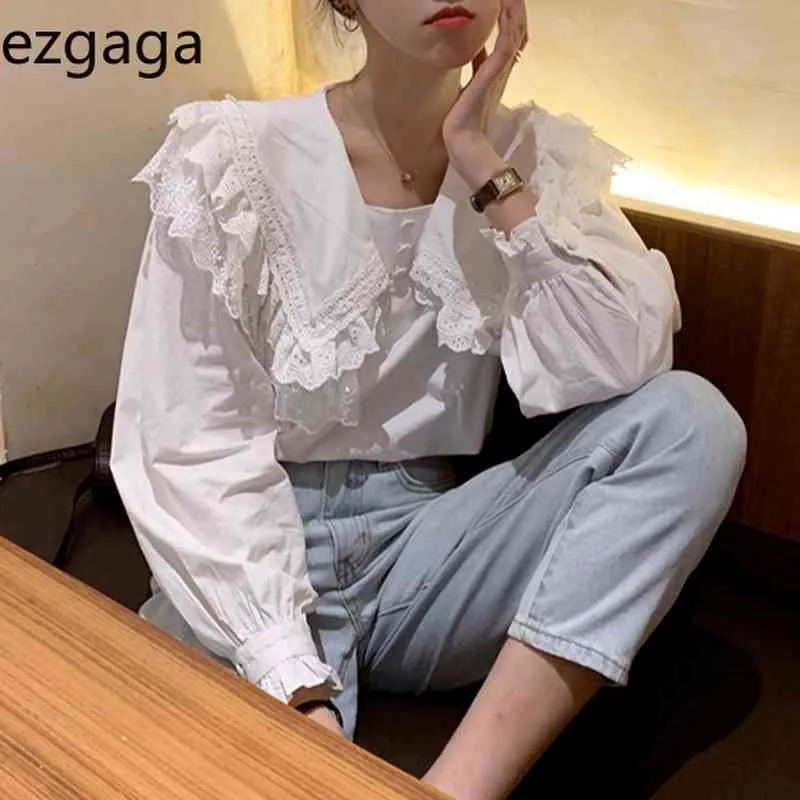 Ezdgaga Koronki Patchwork Bluzka Kobiety Peter Pan Collar Chic Wiosna Koreański Moda Loose Słodki Z Długim Rękawem Koszulki Casual 210430