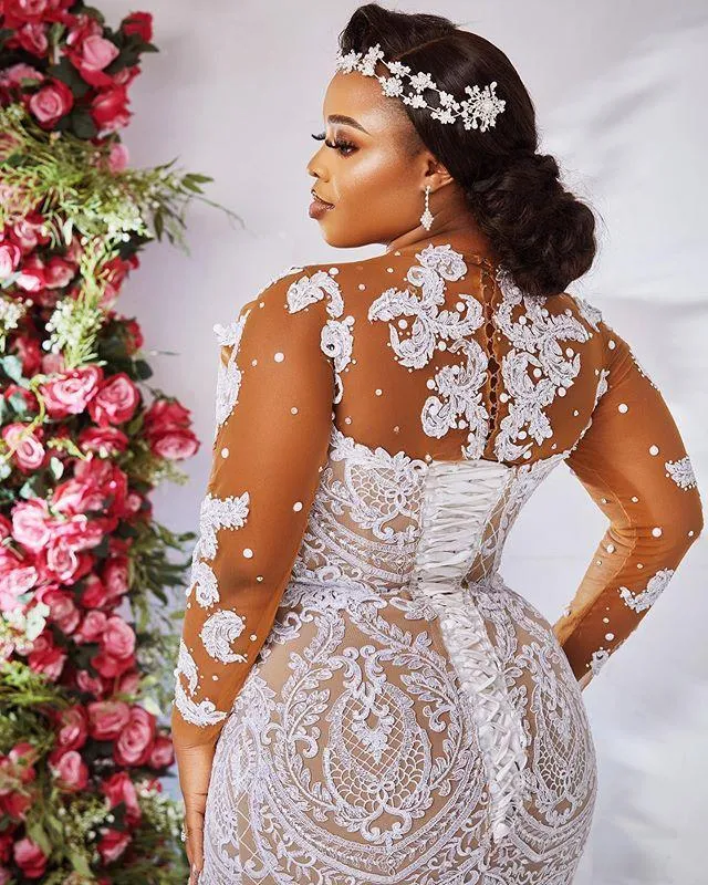 Plus Size Illusion Long Sleeve Mermaid Wedding Dress 2022 Sexy African Nigerian Jewel Neck Ruffles Lace-up Back Lace Applique Tull2733