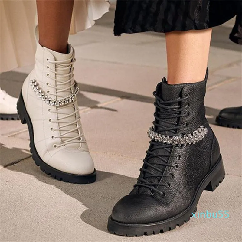 Boots Crystal Combat Embellished Leather Black Shoes Woman Grainy Women Ankle Brand Knight Short Motorcycle