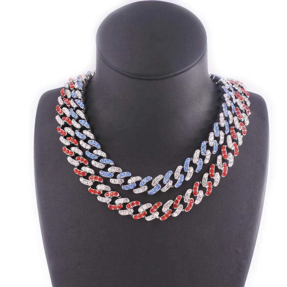 Women's Blue Crystal Cuban Chain Link, Women's Round Neck, Ice Red, Pink, Gold, Silver, 12mm Wide Rap Jewelry Q0809