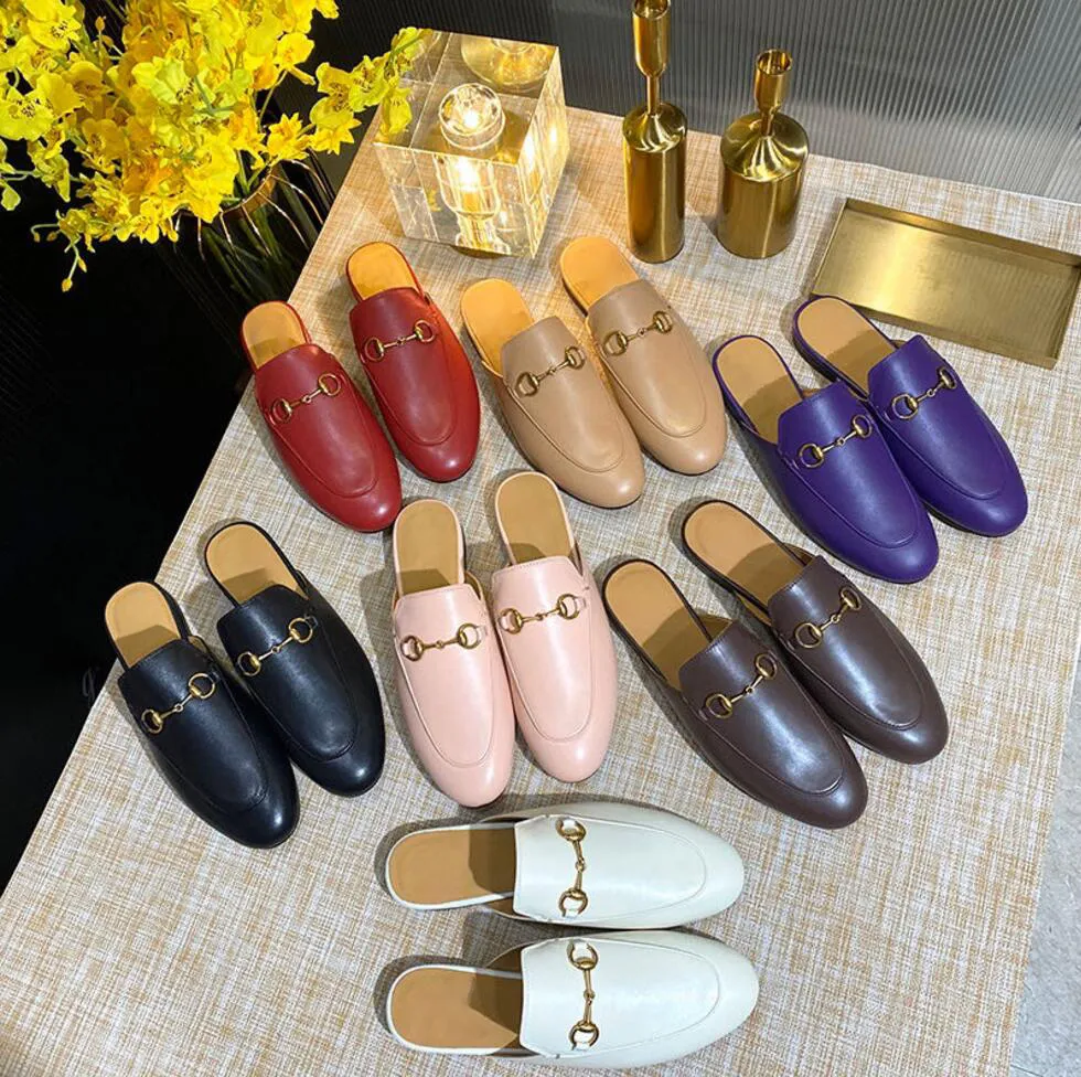 2021 Designer Women Sandals leather Autumn Winter Warm slippers Classic Metal Buckle Embroidery Stylist Shoes top Quality Men Half Slipper with box