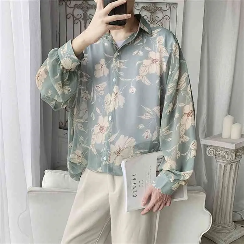 Men's Hawaiian Shirt Long Sleeve Sunscreen Clothes Floral Printing Shirt Loose Camisa Masculina Fashion Shirts M-XL 210708