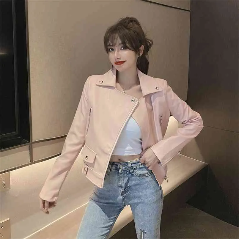 İlkbahar Sonbahar kadın Ceket Kore Tarzı Saf Renk Kısa Uzun kollu Deri Günlük Tüm Maç Coats LL658 210506