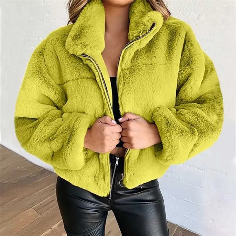 Autumn Winter Fluffy Solid Warm Soft Jackets Casual Long Sleeve Women Fashion Outerwear Faux Fur Zipper Cardigan Plush Warm Coat 211109