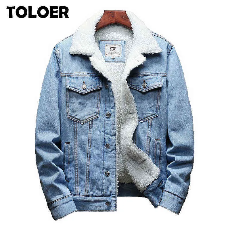 Men Winter Jean Jackets Lightblue Cowboy Outerwear Warm Denim Coats New Men Wool Liner Thicker Fleece Denim Jacket Plus Size 6XL Y1109