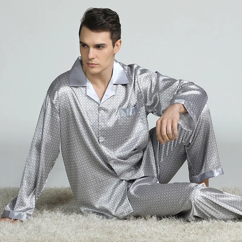 Homme Vêtement Plus La Taille Satin Soie Vêtements De Nuit Homme Pyjama Ensembles À Manches Longues Hauts De Sommeil Bas Pantalon D'été Impression Vêtements De Nuit Argent Bleu Rouge