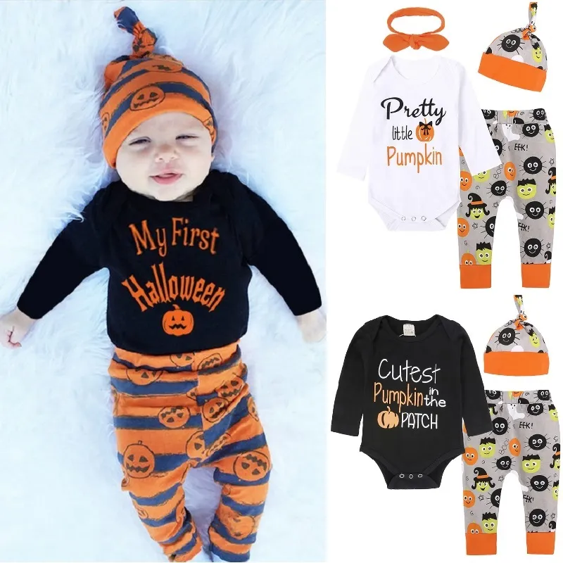 Mijn eerste Halloween Pasgeboren Kleding Past Baby Boy Jumpsuit Infant Bodysuit Broek Hoed Pompoen Kostuums Outfits Meisjes Jurk Tops 210413