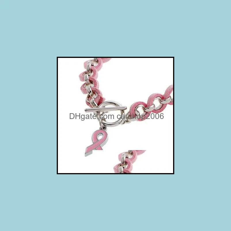 Pink Ribbon Charm Bracelet Breast Cancer Awareness Wake Bracelets Love Ribbon Woven Leather Bracelet for Women Jewelry Accessories