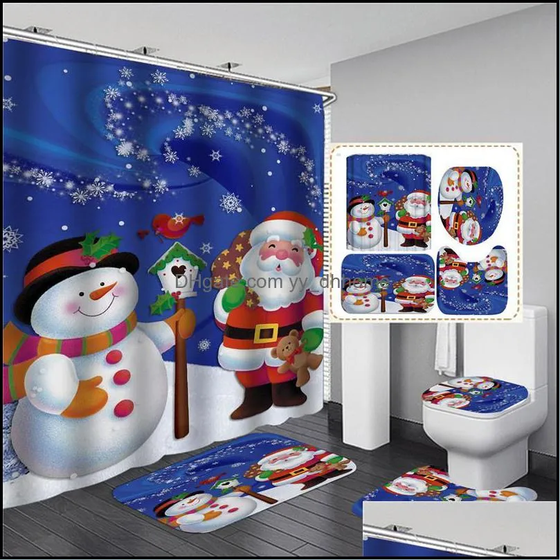 Shower Curtains Merry Christmas Curtain Set Blue Elk With Anti Slip Toilet Mat Rug Carpet Bath Products Bathroom Home Decor Hooks