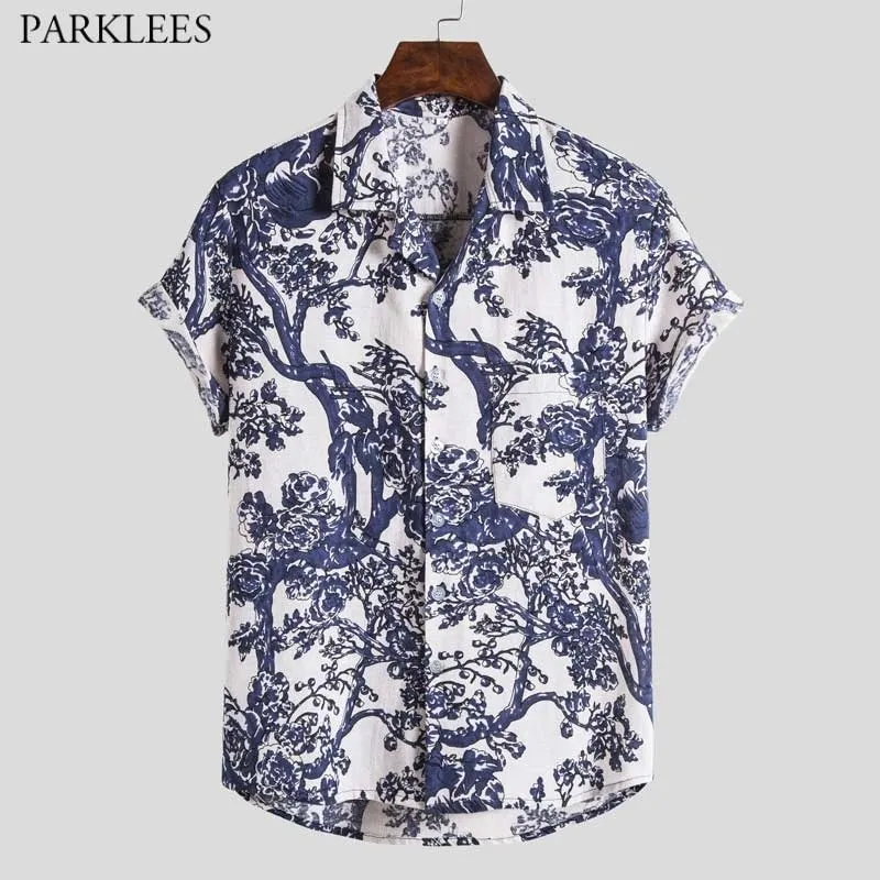 Stilvolle Zweige Blumendruck Hawaiihemd für Männer Sommer Tropical Aloha Shirts Herren Atmungsaktive Strandkleidung Chemise Homme 210522