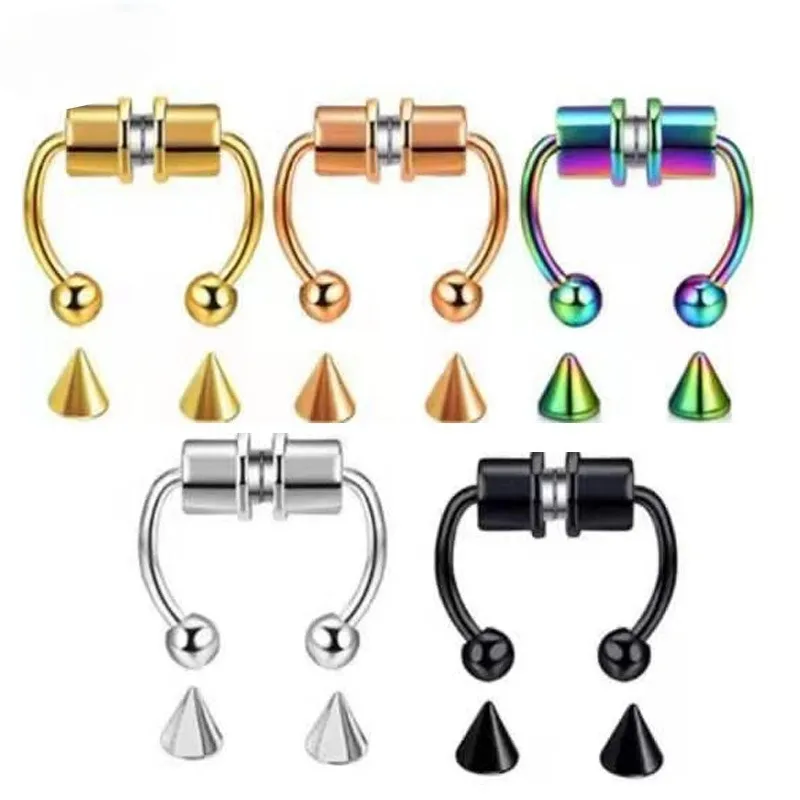 Nose Rings Studs Magnet Clip on Nose Rings Studs Gold rainbow no hole anti allergy Stainless Steel ring Body Jewelry for women fashion will and sandy