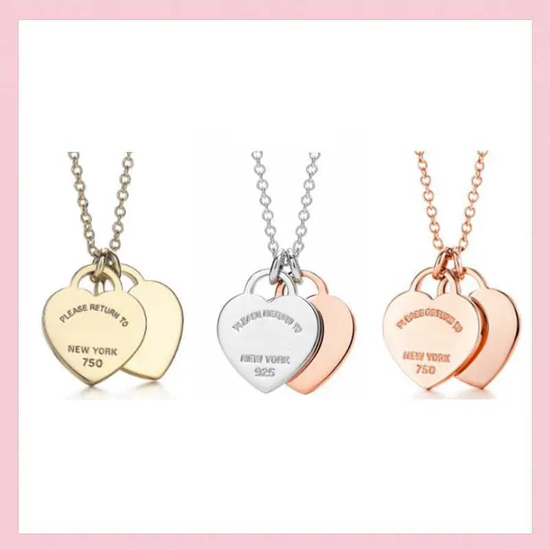 Классические двойные цепи сердца кулон ожерелье 925 стерлингового серебра розовое золото 45см украшенные подарки для ваших родственников