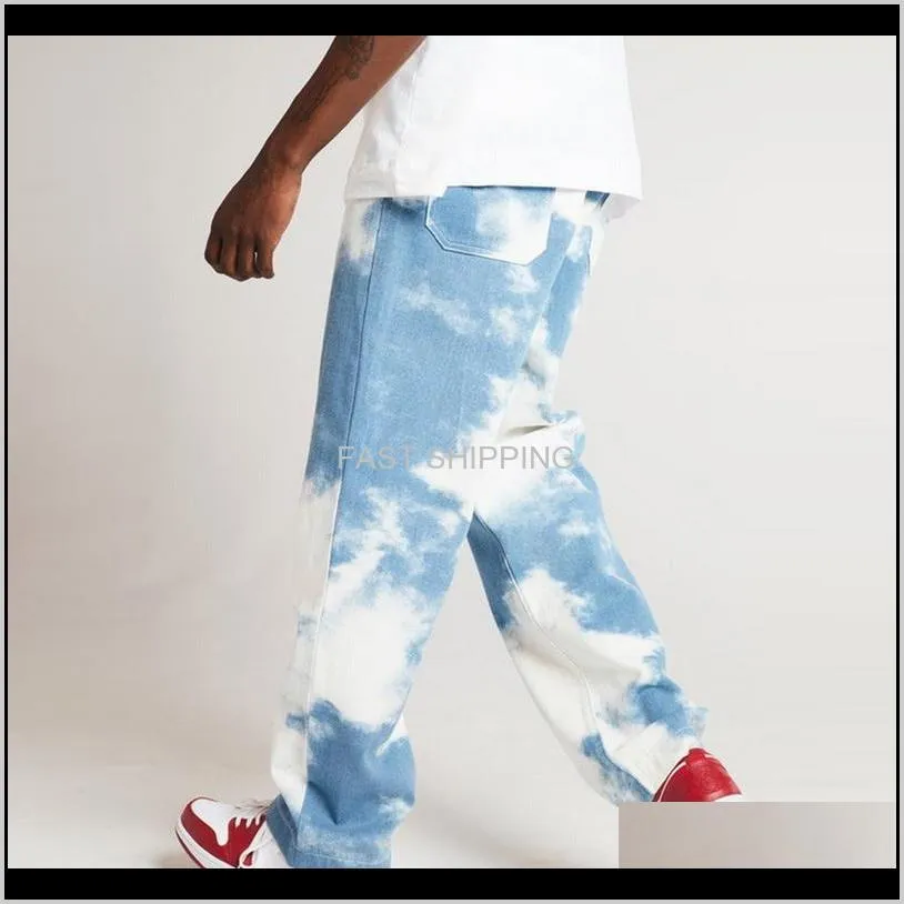 mens autumn casual loose straight denim pants tie dye print sky blue long trouser straight jeans male hiphop streetwear trousers