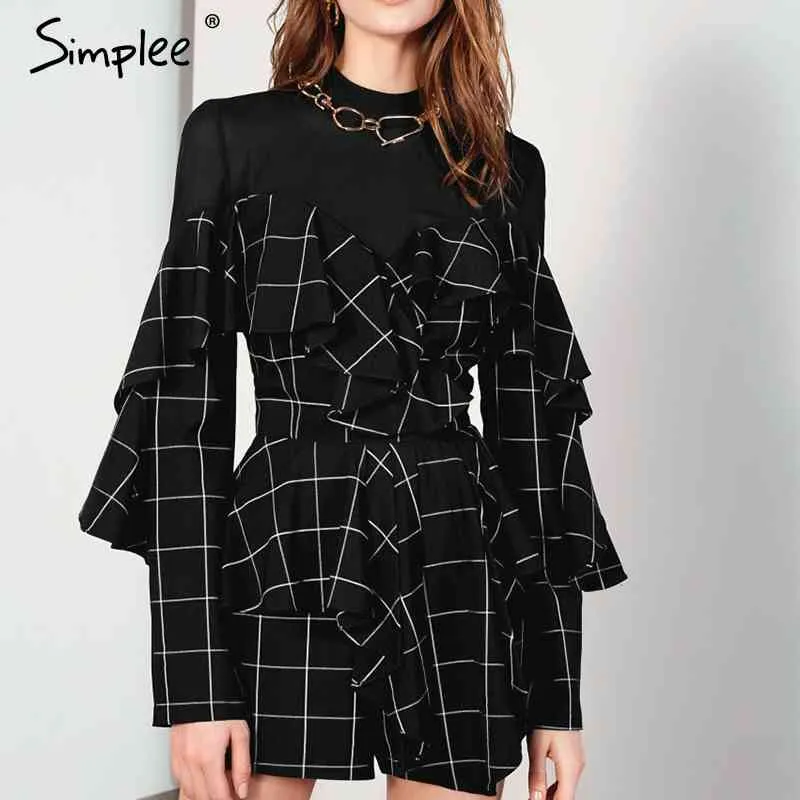 Elegant office lady plaid Ruffled long sleeve mini Streetwear straight o-neck autumn chic short party dress 210414